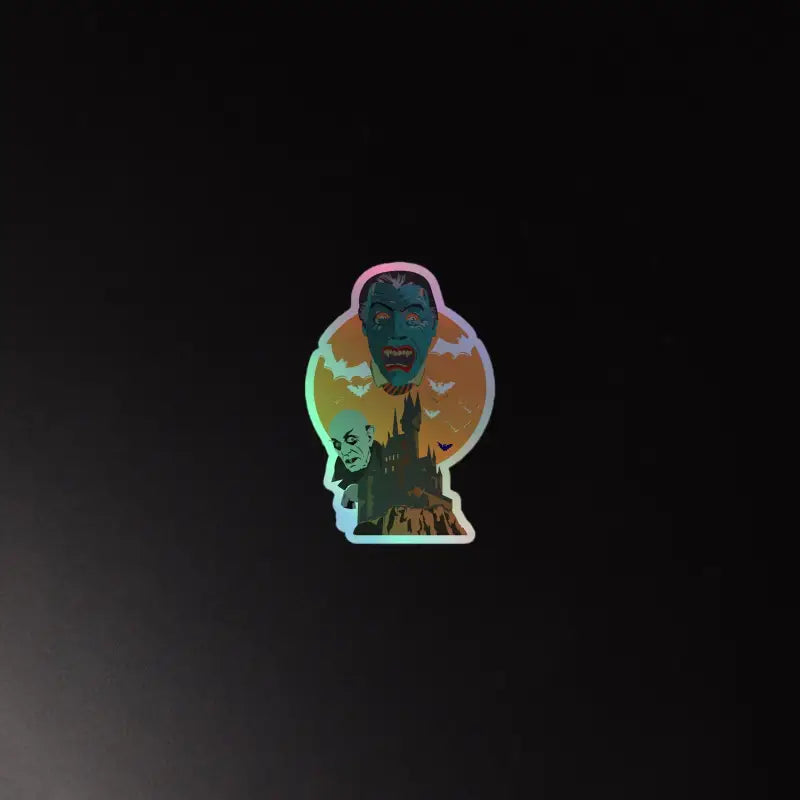 Holographic sticker of a silhouetted figure against a vibrant sunset sky, highlighting vampire holographic stickers