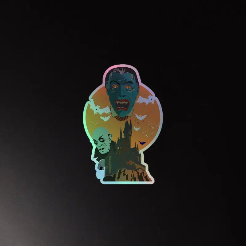 Holographic sticker of a spooky zombie figure with full moon and bats for Vampire Holographic Stickers