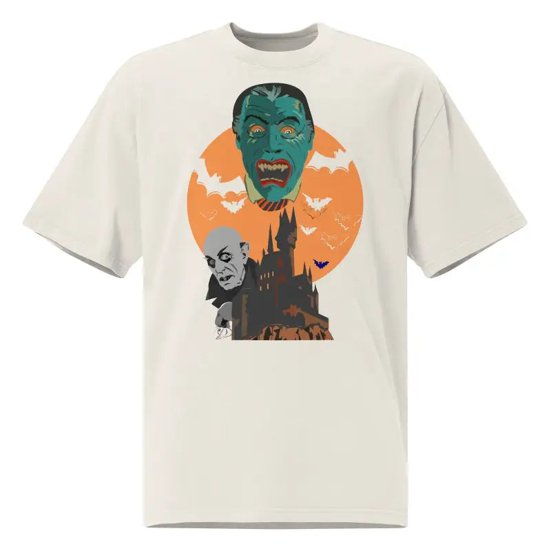 Beige unisex oversized faded Halloween T-shirt with vintage green monster face and castle