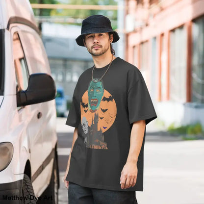 Man wearing oversized unisex faded t-shirt for Halloween in vintage-style design