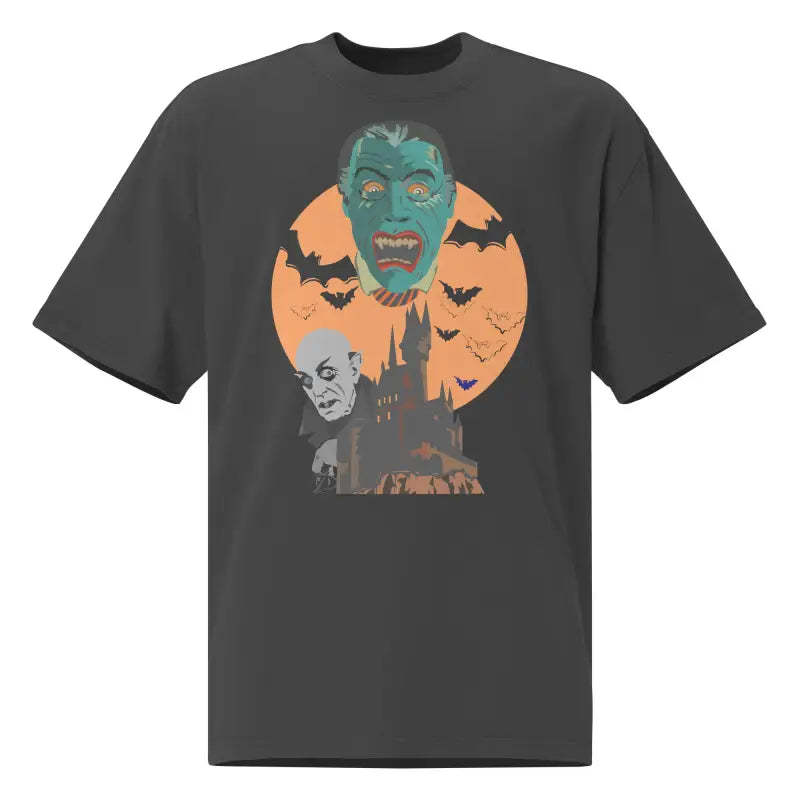 Gray oversized unisex faded t-shirt featuring a monster graphic for Halloween style