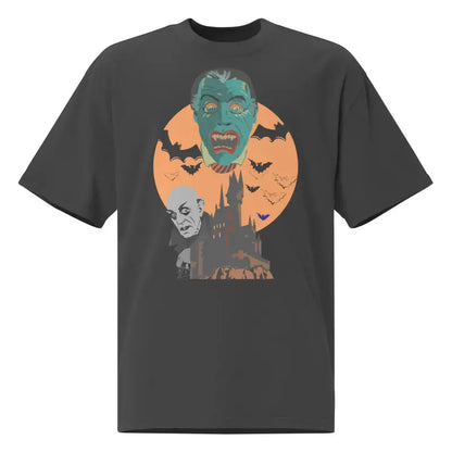 Gray oversized unisex faded t-shirt featuring a monster graphic for Halloween style