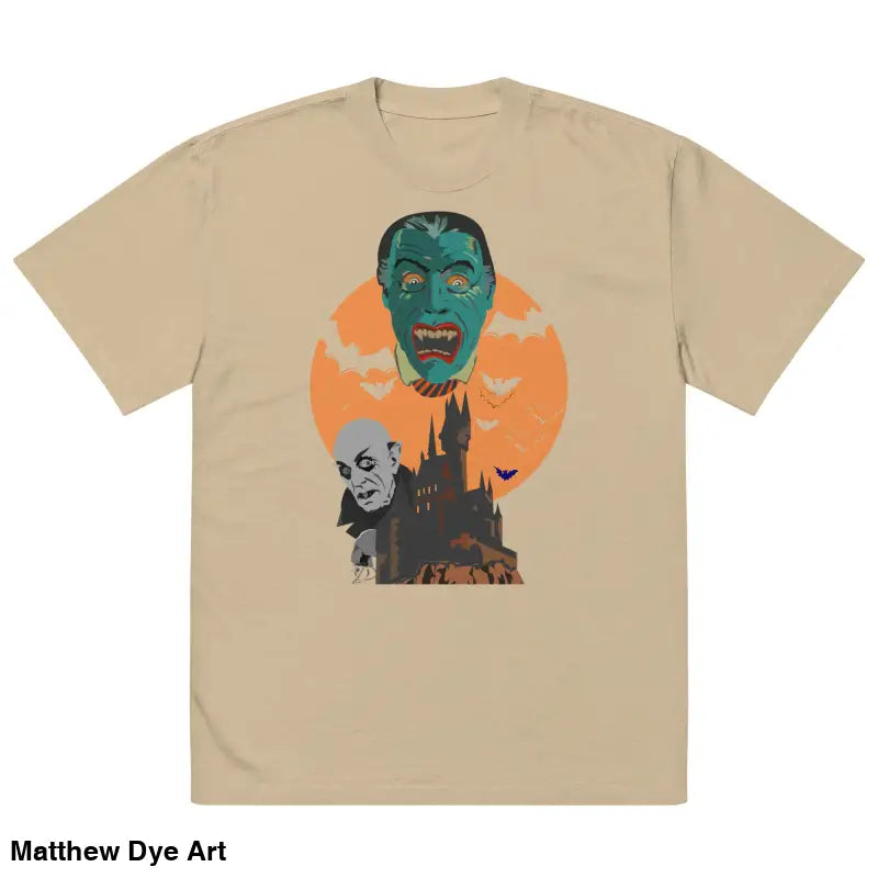 Beige oversized unisex faded t-shirt featuring a monster graphic for Halloween style