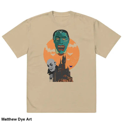 Beige oversized unisex faded t-shirt featuring a monster graphic for Halloween style