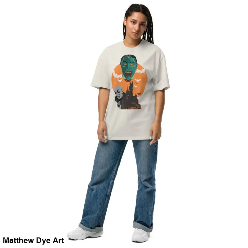 Woman in jeans and oversized unisex faded t-shirt for Halloween with vintage-style flair
