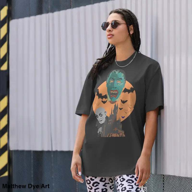 Halloween-themed oversized unisex faded t-shirt featuring a vintage-style vampire design