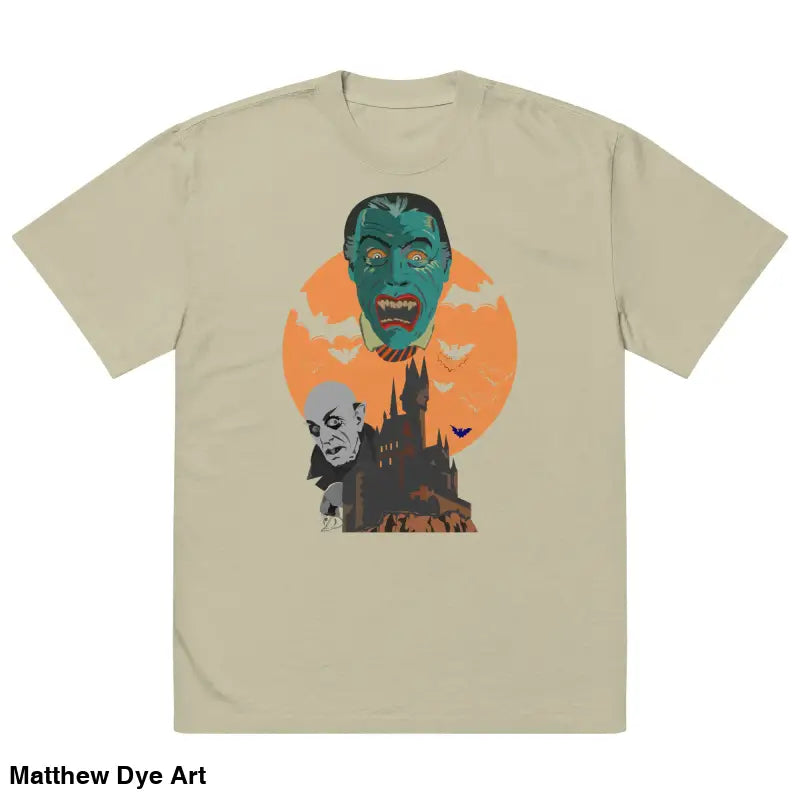 Beige oversized unisex faded t-shirt featuring a monster graphic for Halloween