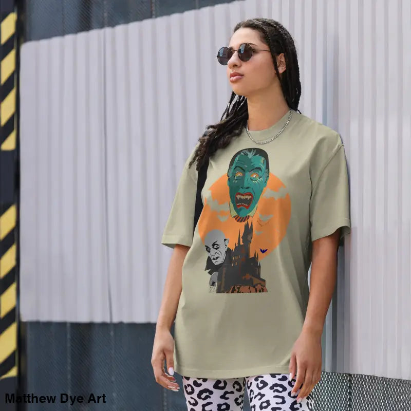 Oversized unisex faded t-shirt featuring a monster graphic, perfect shirt for Halloween