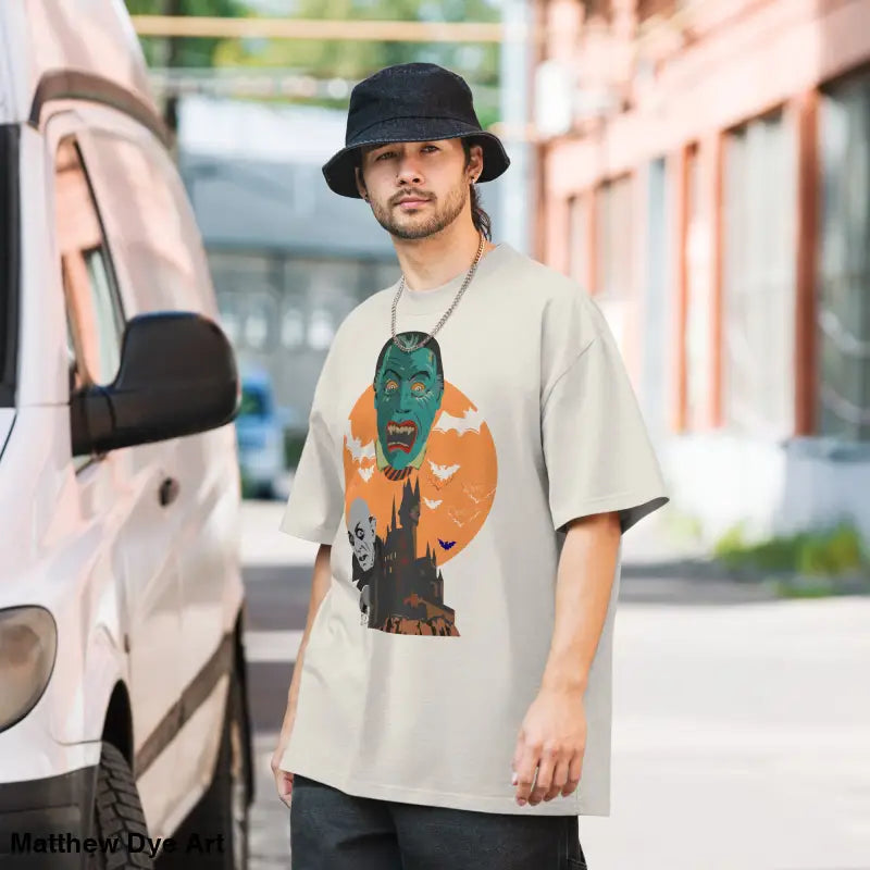 Man in a vintage-style oversized unisex faded t-shirt for Halloween
