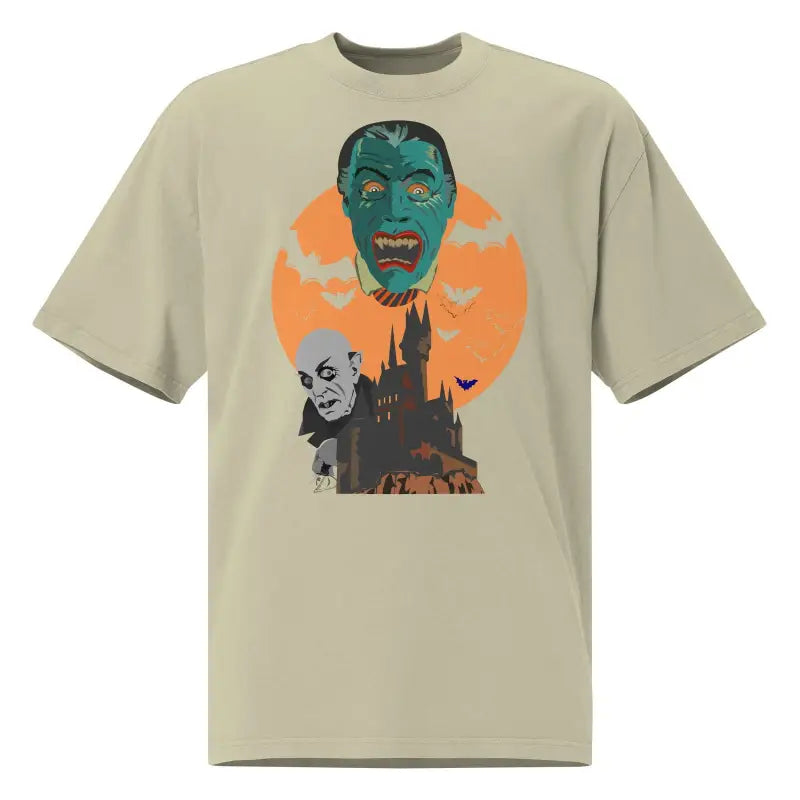 Beige oversized unisex faded t-shirt with vintage-style Halloween castle and moon graphic