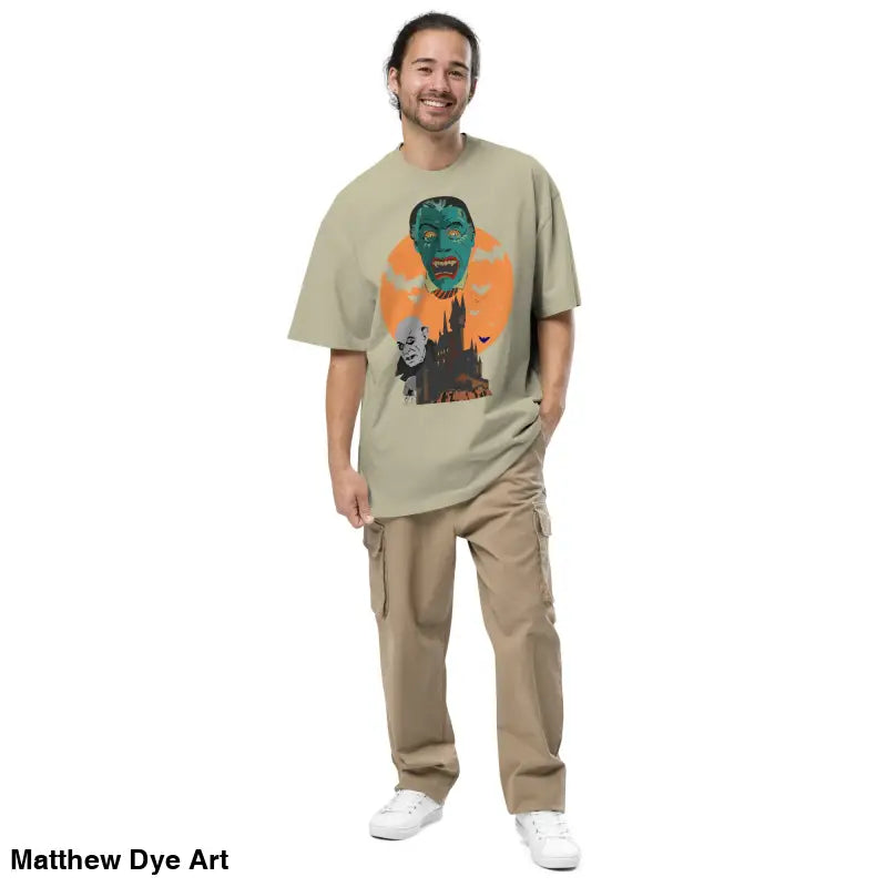 Man in oversized unisex faded t-shirt and cargo pants for a vintage-style Halloween look