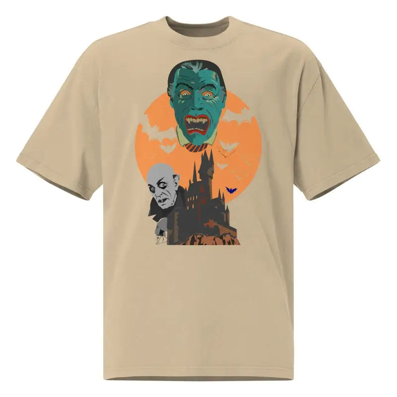 Beige oversized unisex faded t-shirt with vintage-style Halloween monster design