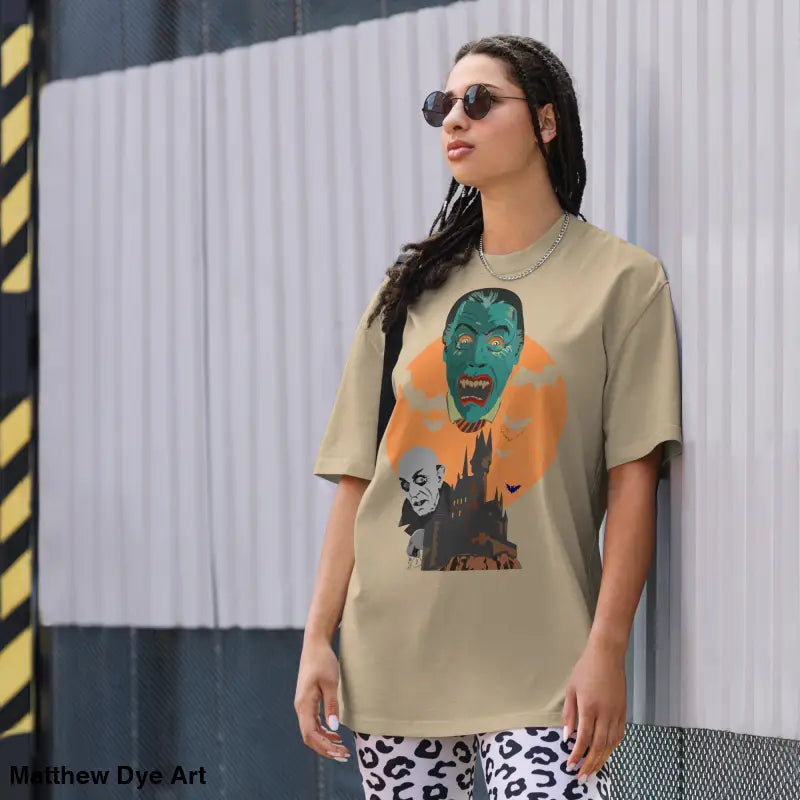 Woman wearing Vampire oversized unisex faded t-shirt for Halloween with vintage style