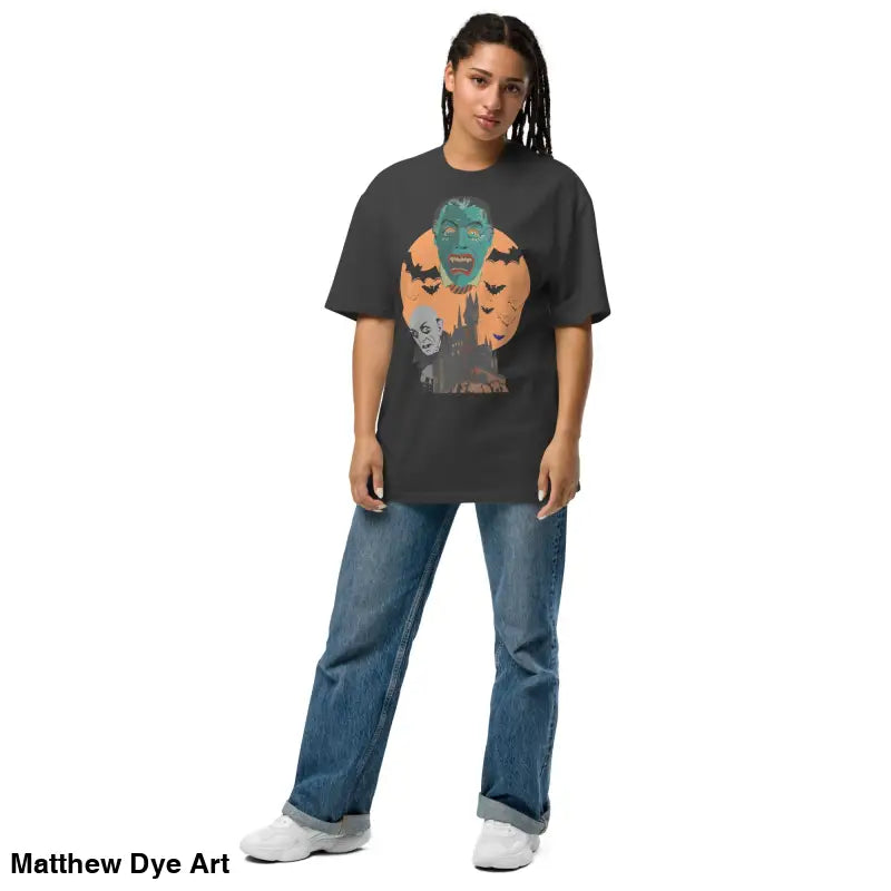 Woman in a Halloween-themed oversized unisex faded t-shirt for vintage-style celebrations