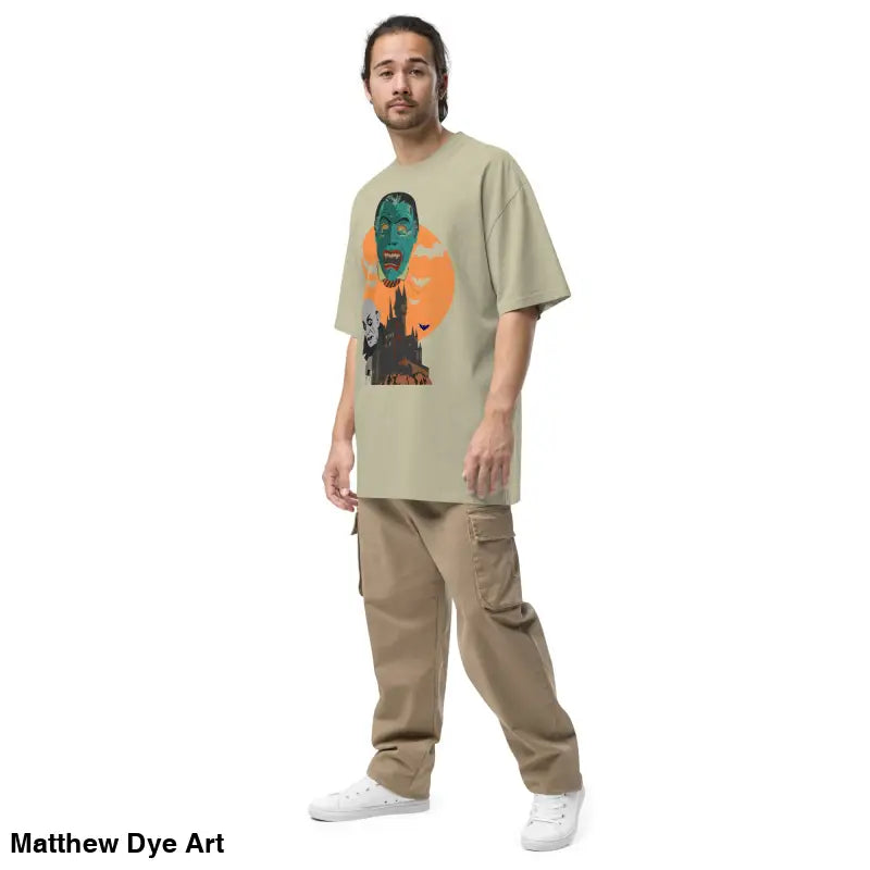 Man showcasing a Vampire oversized unisex faded t-shirt for Halloween festivities