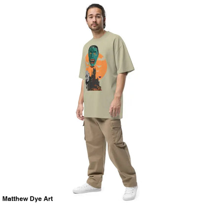Man showcasing a Vampire oversized unisex faded t-shirt for Halloween festivities