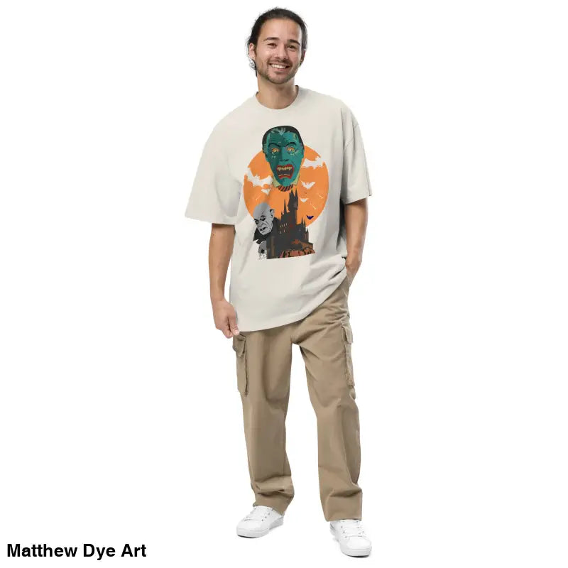 Man in oversized unisex faded t-shirt and cargo pants for Halloween vintage style