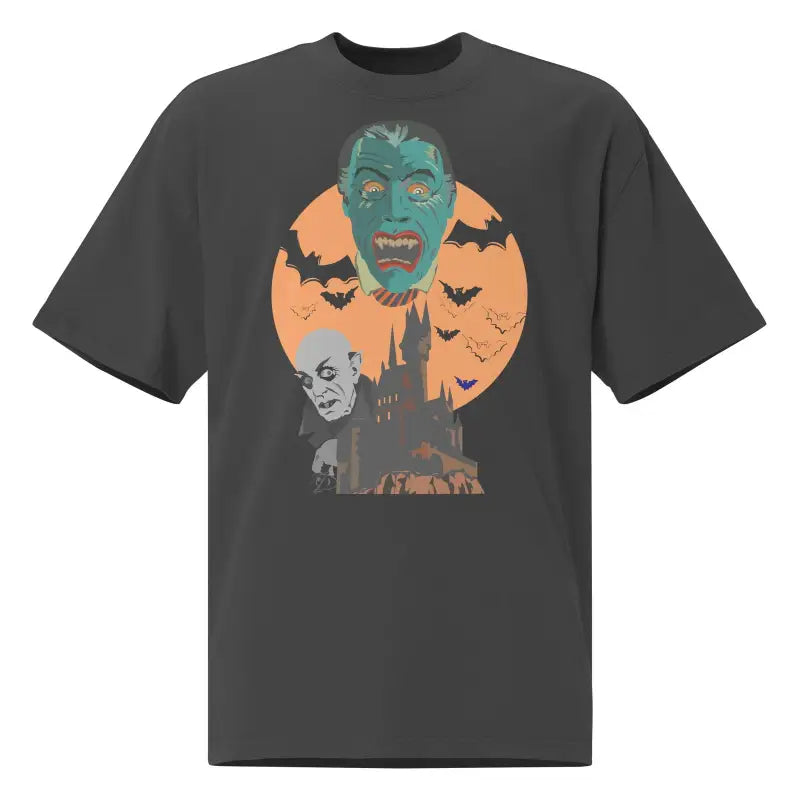 Dark gray oversized unisex faded t-shirt featuring vintage-style Halloween monster design