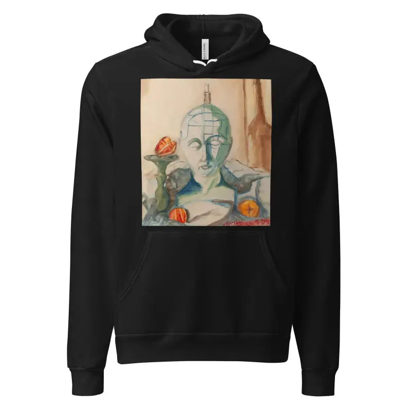 Black phrenology unisex hoodie with artistic classical bust and orange flowers print