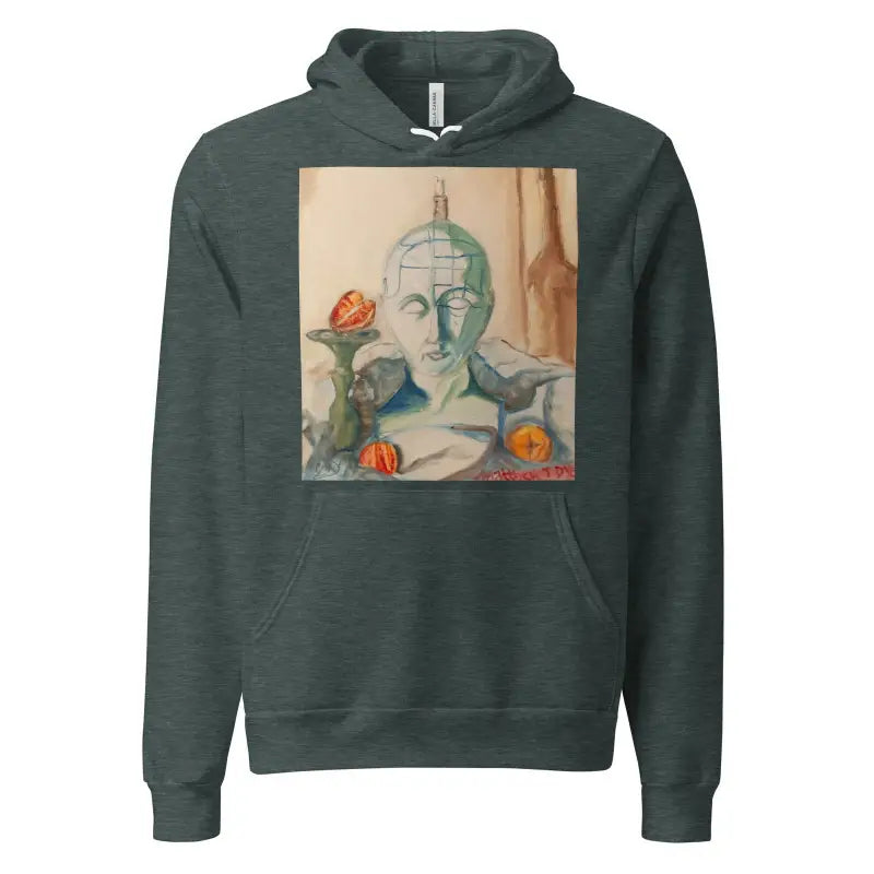 Forest green unisex hoodie with artistic classical bust print and oranges design