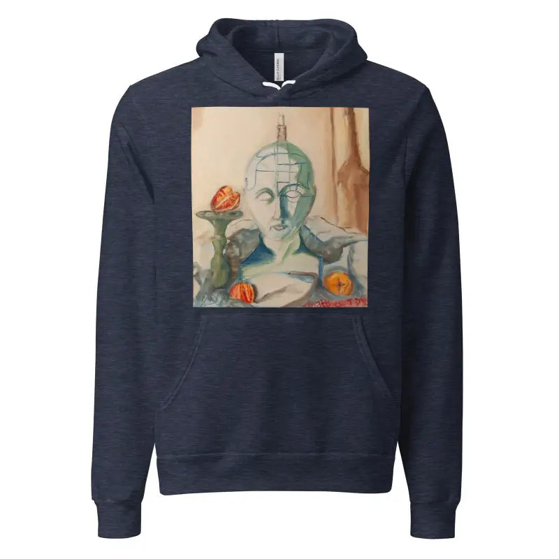 Navy blue phrenology unisex hoodie featuring a classical bust and oranges print