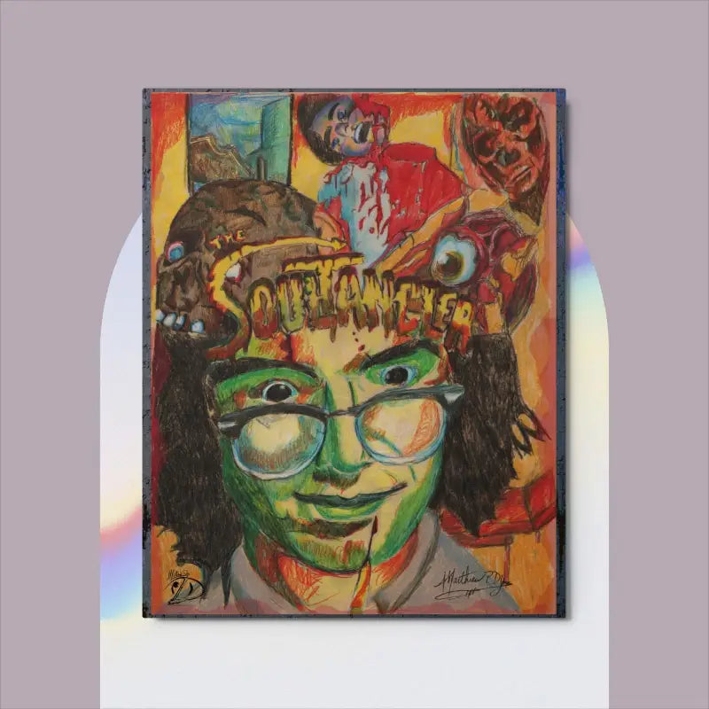 Colorful expressionist portrait in vibrant green tones on a Matthew Dye cult classic metal print