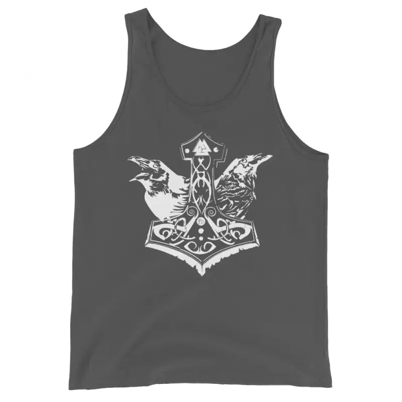 Dark gray Viking Glory tank featuring Norse Thor’s hammer design with ravens