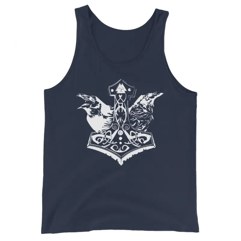 Navy blue Viking Glory tank featuring white Thor’s hammer and ravens design