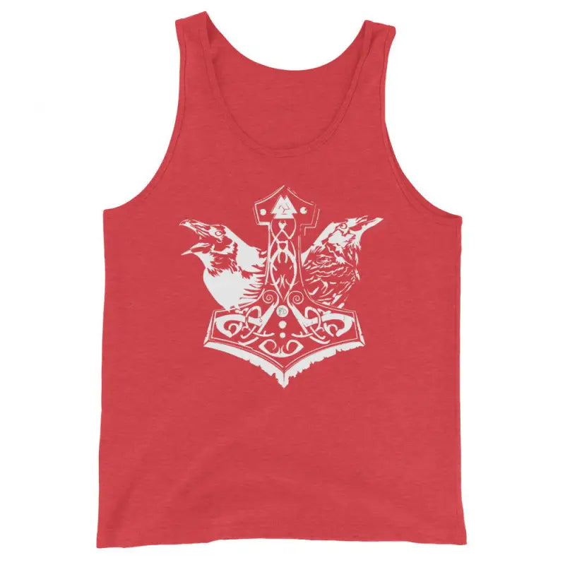 Red Viking Glory Tank featuring a white Thor’s Hammer and ravens design