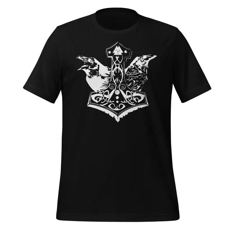 Black Viking Pride T-Shirt featuring Thor’s Hammer and ravens, showcasing storied Viking heritage