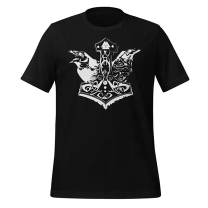 Black Viking Pride T-Shirt featuring Thor’s Hammer and ravens in white Norse design