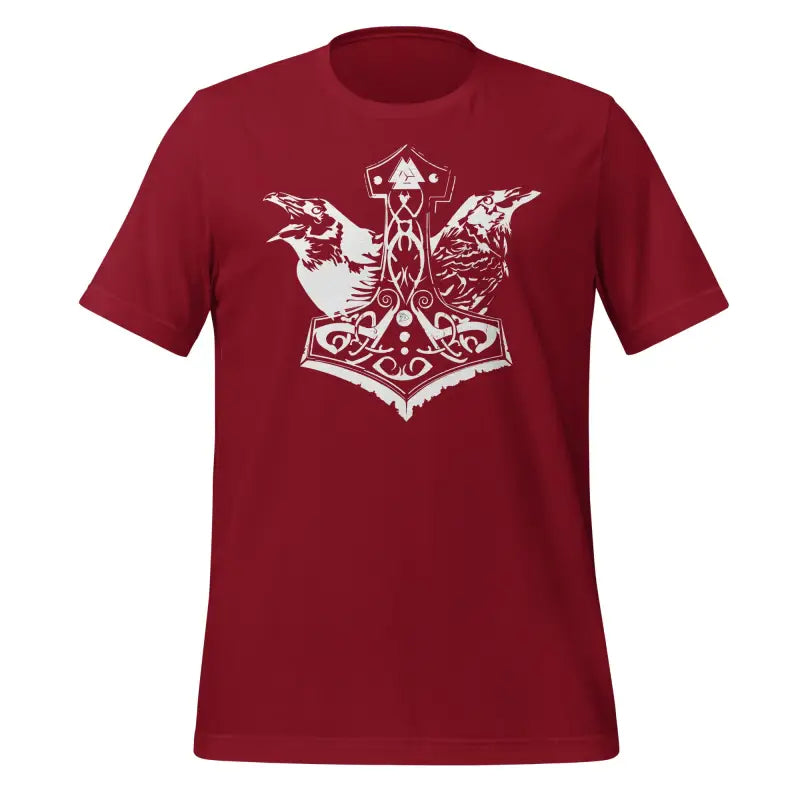 Red Viking Pride T-shirt showcasing Thor’s hammer, ravens, and Celtic knotwork design