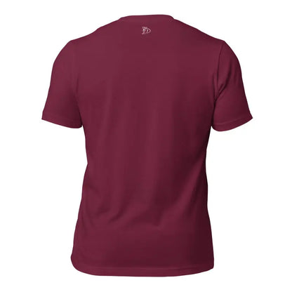 Burgundy crew neck t-shirt back view showcasing Viking Pride T-Shirt with Thor’s Hammer design