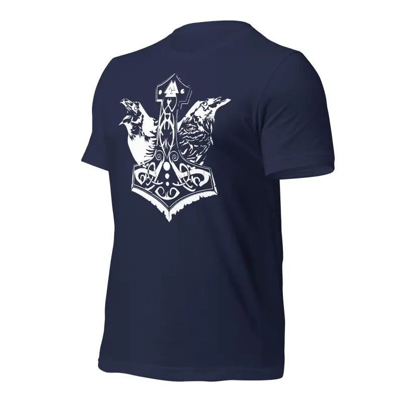 Navy blue Viking Pride T-shirt featuring Thor’s hammer and Norse dragon motifs