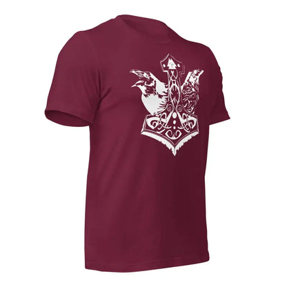 Maroon Viking Pride T-Shirt featuring a white eagle emblem, Thor’s Hammer design, and storied Viking heritage