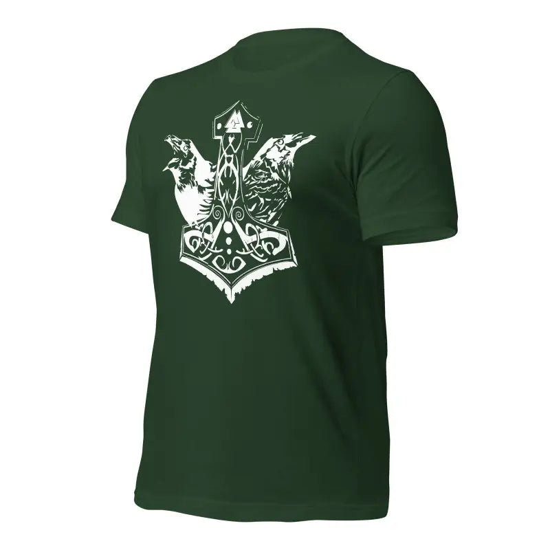 Dark green Viking Pride T-Shirt featuring Thor’s Hammer design, showcasing storied Viking heritage