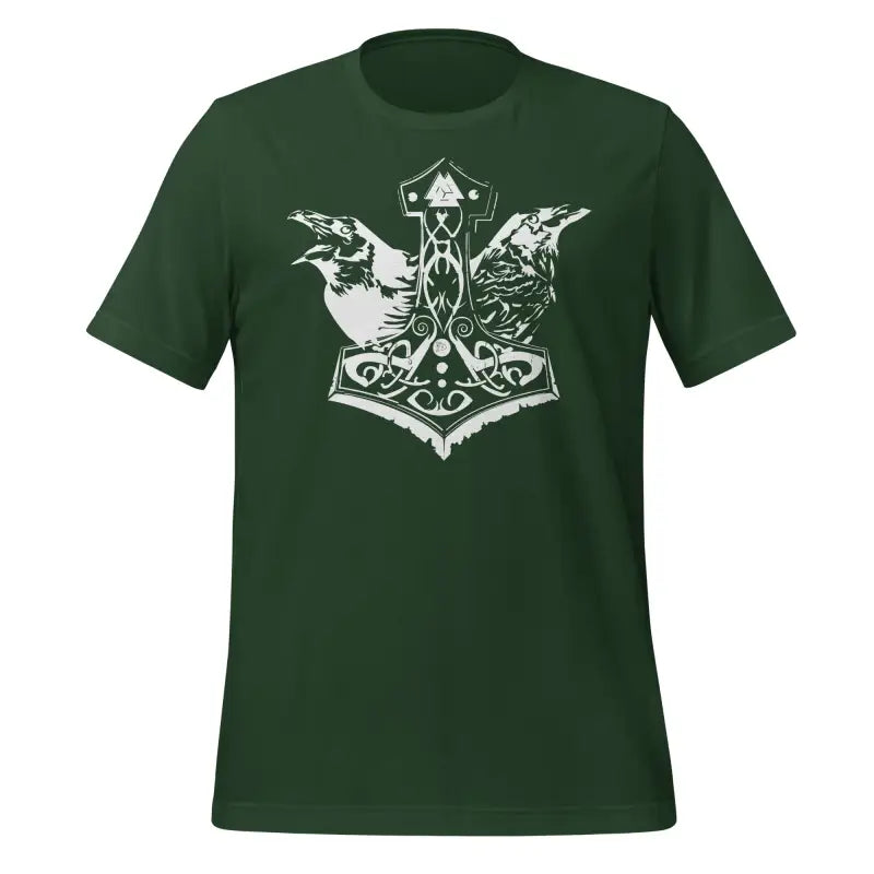 Dark green Viking Pride T-Shirt featuring Thor’s Hammer and ravens in white design