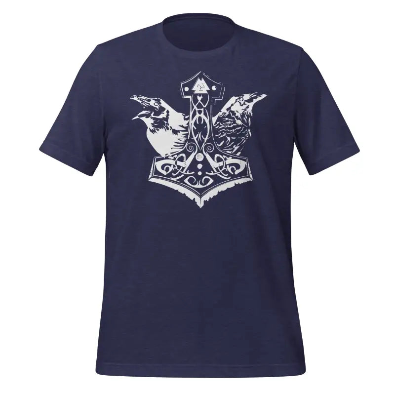 Navy blue Viking Pride T-Shirt showcasing Thor’s hammer and ravens, celebrating storied Viking heritage