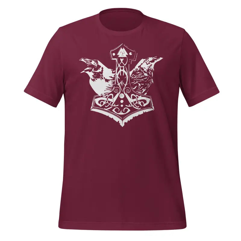 Burgundy Viking Pride T-Shirt featuring Thor’s Hammer and ravens, showcasing storied Viking heritage