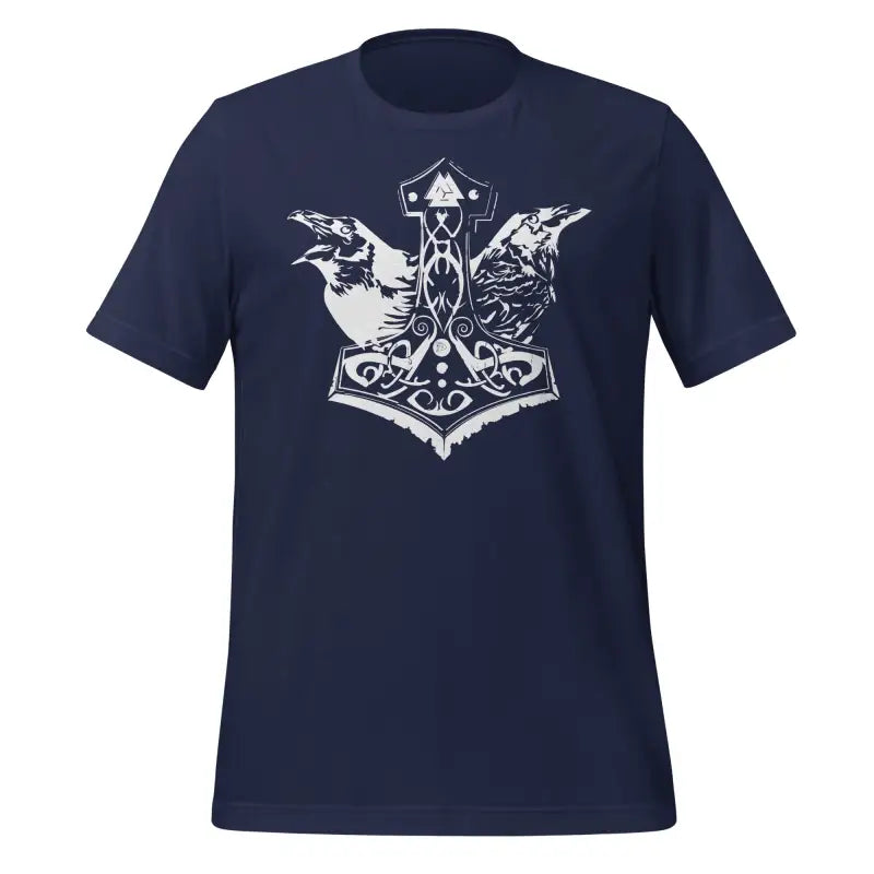 Navy blue Viking Pride T-shirt featuring Thor’s Hammer and ravens, celebrating storied Viking heritage