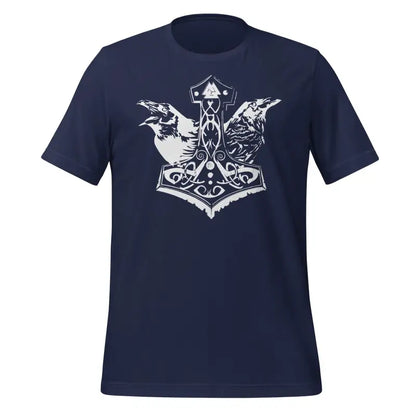 Navy blue Viking Pride T-shirt featuring Thor’s Hammer and ravens in Norse design