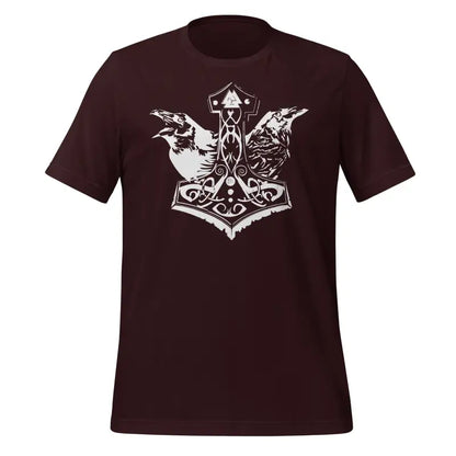 Burgundy Viking Pride T-Shirt featuring Thor’s Hammer and ravens, showcasing storied Viking heritage