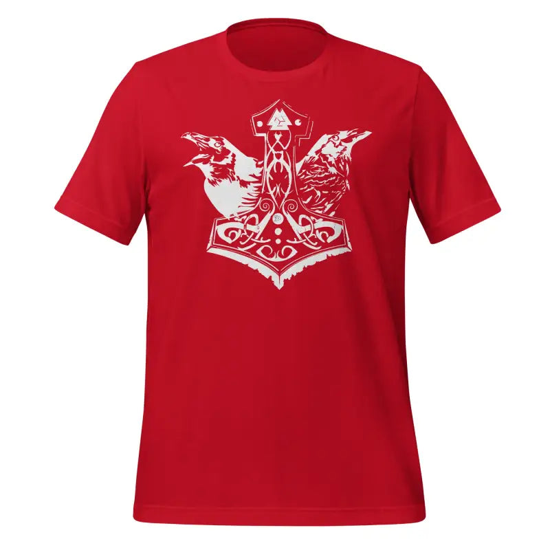 Red Viking Pride T-Shirt featuring Thor’s Hammer design and ravens, showcasing storied Viking heritage