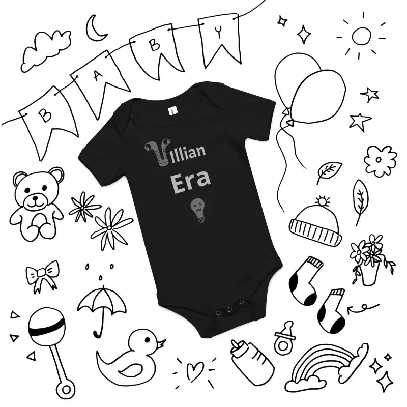 Black baby onesie with Villain Era text, fits baby weight 0-12 months, 20 inches body length