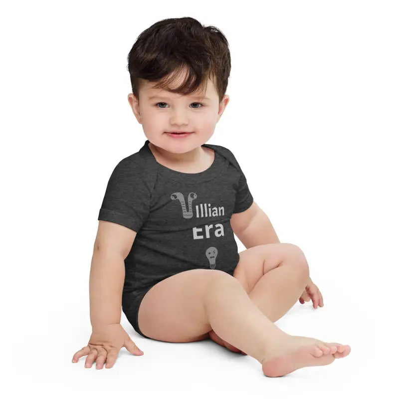 Dark gray ’Villain Era’ Baby Onesie fits baby weight, months chest width, and inches body length