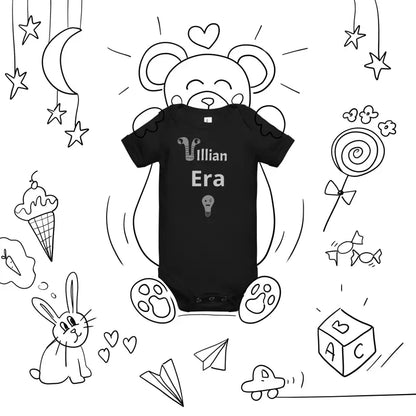 Black baby onesie with Villain Era text and light bulb graphic fits baby weight and months