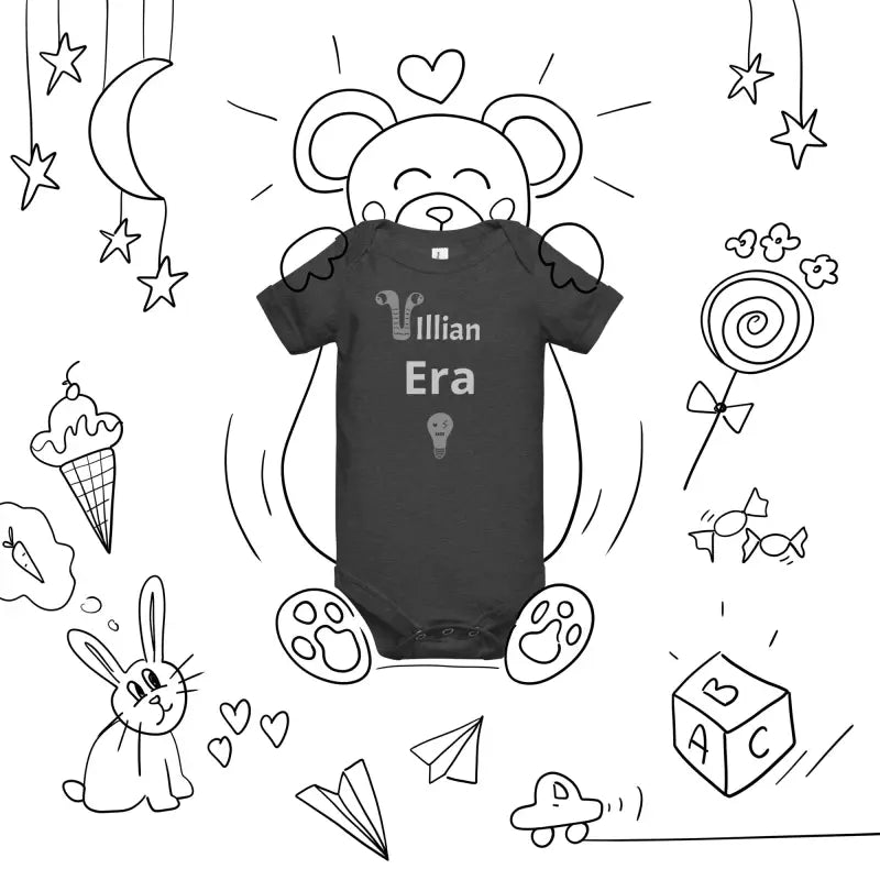 Black baby onesie featuring Villain Era text on a teddy bear, fits baby weight 6-12 months