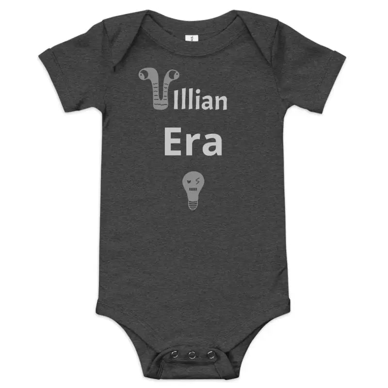 Gray baby onesie from Villain Era fits baby weight with inches body length and months chest width