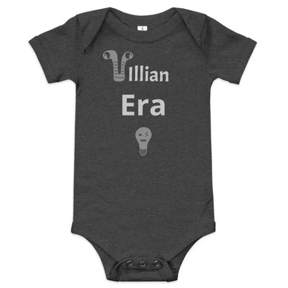 Gray baby onesie from Villain Era fits baby weight with inches body length and months chest width