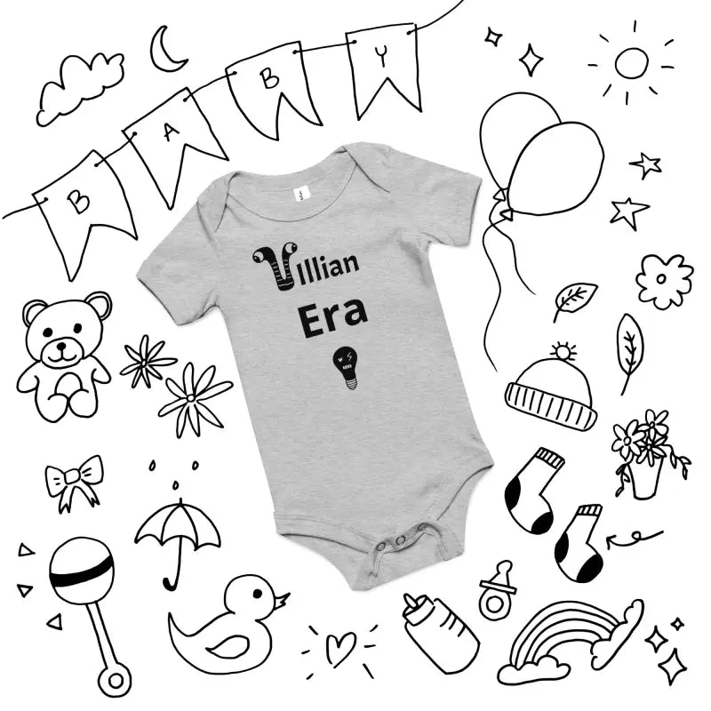 Gray baby onesie featuring Villain Era text in luxurious ring-spun cotton